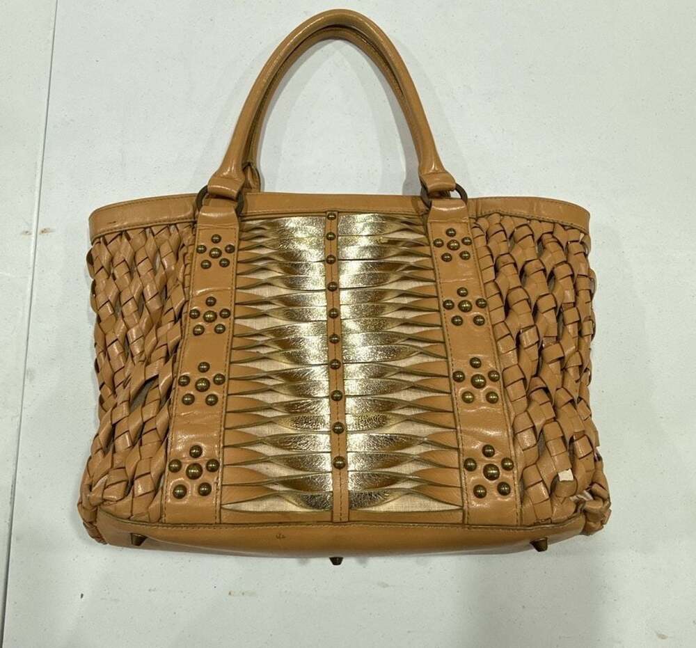 Beverly Feldman Tan Leather Woven Tote Bag with Gold Metallic Accents and Studs